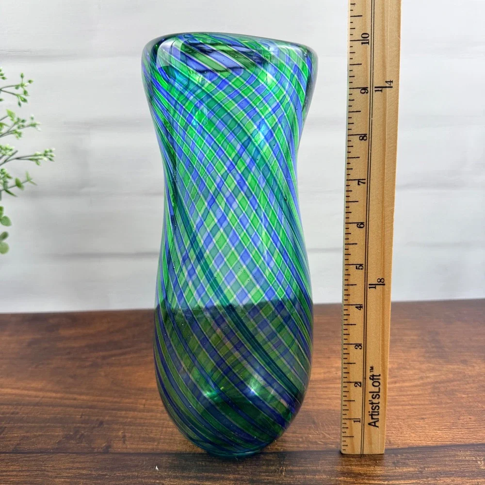 Italian Art Glass Vase Blue Green Striped Blown Glass Murano Mid Century